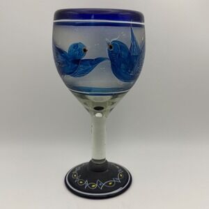 Hand Painted Mexican Folk Art Bird Wine Goblet Blue Cobalt Frosted Glass Rustic